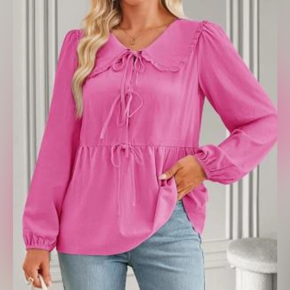 NWT ZESICA Women's Tie Front Puff Sleeve Lapel Collar Peplum Blouse -‎ Size: S